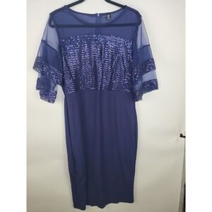 SHEIN Curve 2XL Navy Blue Sequin Mesh Sleeve Midi Dress Plus Size Cocktail Eveni